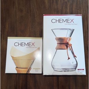 Brand new Chemex drip coffee maker and filters.